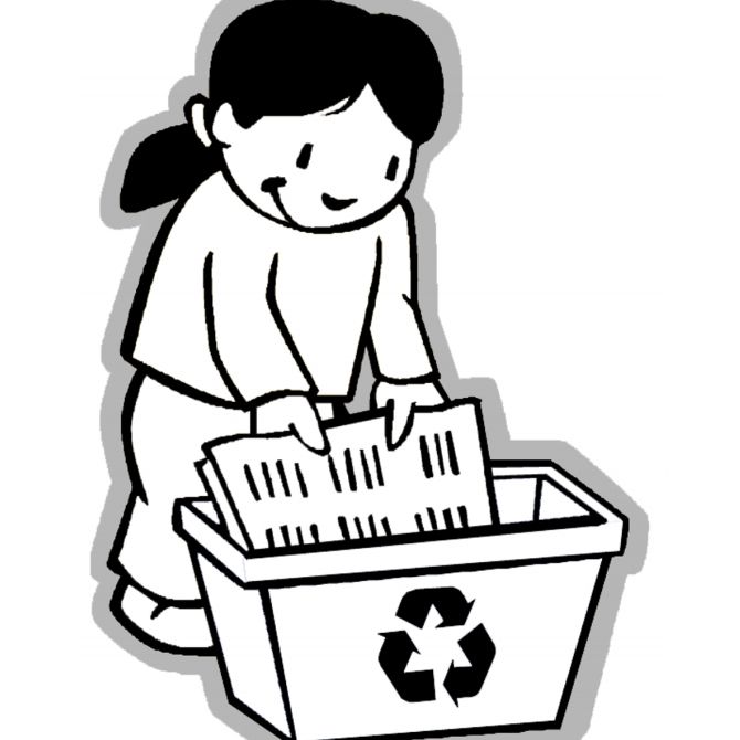 Online coloring book: Coloring page, a girl puts paper into the appropriate basket